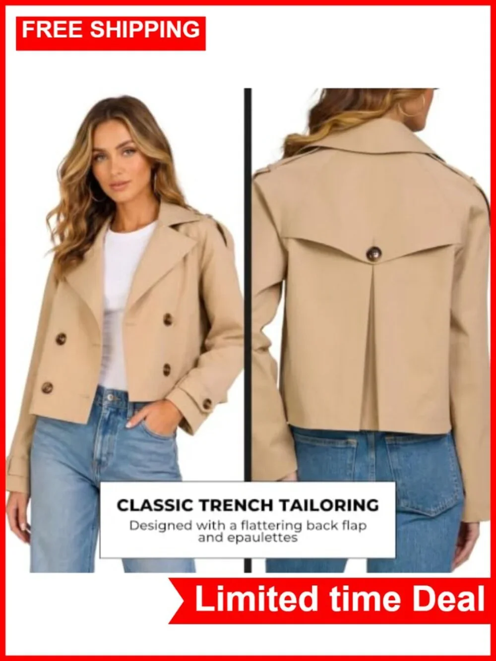 Oversized Cropped Double-Breasted Trench Jacket Lapel Lightweight Layer